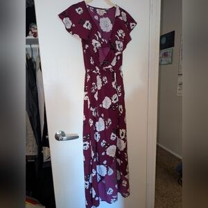 Japna Womens Dress XS Maroon White Floral Peak Open Front Flowy Bohemian